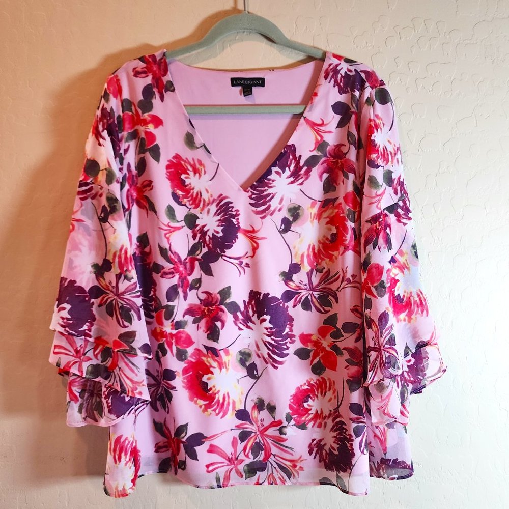 Pink Floral Layered Floaty Lined V-neck 3/4 Length Sleeves Blouse Top
